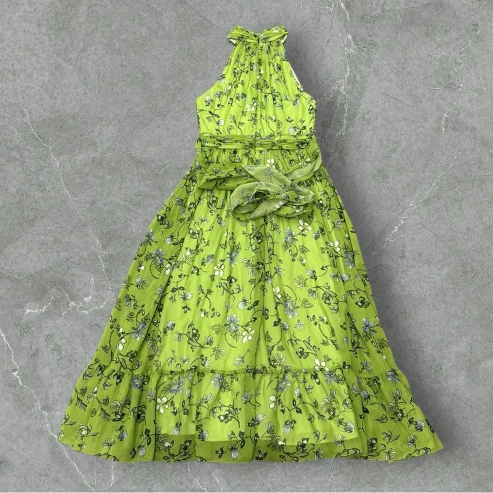 IEENA for Mac Duggal Green Floral Print High-Neck A-Line Midi Dress - Picture 5 of 7